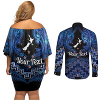 Personalised Aotearoa Matariki Couples Matching Off Shoulder Short Dress and Long Sleeve Button Shirt Blue Fern Maori Poutama LT01 - Polynesian Pride