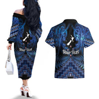 Personalised Aotearoa Matariki Couples Matching Off The Shoulder Long Sleeve Dress and Hawaiian Shirt Blue Fern Maori Poutama LT01 - Polynesian Pride