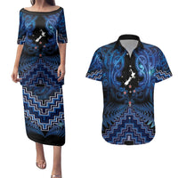 Personalised Aotearoa Matariki Couples Matching Puletasi and Hawaiian Shirt Blue Fern Maori Poutama LT01 Blue - Polynesian Pride