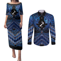Personalised Aotearoa Matariki Couples Matching Puletasi and Long Sleeve Button Shirt Blue Fern Maori Poutama LT01 Blue - Polynesian Pride