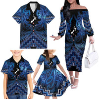 Personalised Aotearoa Matariki Family Matching Off The Shoulder Long Sleeve Dress and Hawaiian Shirt Blue Fern Maori Poutama LT01 - Polynesian Pride