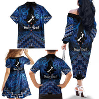 Personalised Aotearoa Matariki Family Matching Off The Shoulder Long Sleeve Dress and Hawaiian Shirt Blue Fern Maori Poutama LT01 - Polynesian Pride