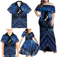 Personalised Aotearoa Matariki Family Matching Off Shoulder Maxi Dress and Hawaiian Shirt Blue Fern Maori Poutama LT01 - Polynesian Pride