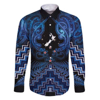 Personalised Aotearoa Matariki Family Matching Puletasi and Hawaiian Shirt Blue Fern Maori Poutama LT01 Dad's Shirt - Long Sleeve Blue - Polynesian Pride