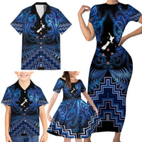 Personalised Aotearoa Matariki Family Matching Short Sleeve Bodycon Dress and Hawaiian Shirt Blue Fern Maori Poutama LT01 - Polynesian Pride