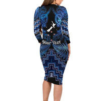 Personalised Aotearoa Matariki Long Sleeve Bodycon Dress Blue Fern Maori Poutama LT01 - Polynesian Pride