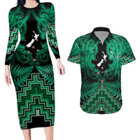 Personalised Aotearoa Matariki Couples Matching Long Sleeve Bodycon Dress and Hawaiian Shirt Green Fern Maori Poutama LT01 Green - Polynesian Pride