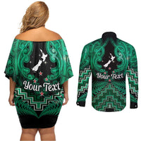 Personalised Aotearoa Matariki Couples Matching Off Shoulder Short Dress and Long Sleeve Button Shirt Green Fern Maori Poutama LT01 - Polynesian Pride