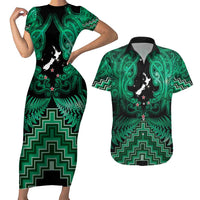 Personalised Aotearoa Matariki Couples Matching Short Sleeve Bodycon Dress and Hawaiian Shirt Green Fern Maori Poutama LT01 Green - Polynesian Pride