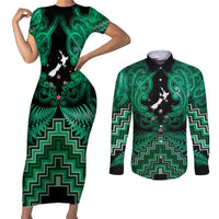 Personalised Aotearoa Matariki Couples Matching Short Sleeve Bodycon Dress and Long Sleeve Button Shirt Green Fern Maori Poutama LT01 Green - Polynesian Pride