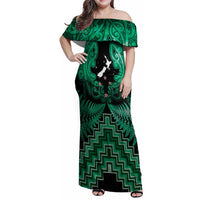 Personalised Aotearoa Matariki Family Matching Off Shoulder Maxi Dress and Hawaiian Shirt Green Fern Maori Poutama LT01 Mom's Dress Green - Polynesian Pride
