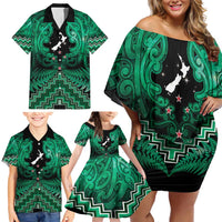 Personalised Aotearoa Matariki Family Matching Off Shoulder Short Dress and Hawaiian Shirt Green Fern Maori Poutama LT01 - Polynesian Pride