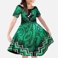 Personalised Aotearoa Matariki Family Matching Short Sleeve Bodycon Dress and Hawaiian Shirt Green Fern Maori Poutama LT01 Daughter's Dress Green - Polynesian Pride