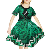 Personalised Aotearoa Matariki Kid Short Sleeve Dress Green Fern Maori Poutama LT01 - Polynesian Pride