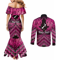 Personalised Aotearoa Matariki Couples Matching Mermaid Dress and Long Sleeve Button Shirt Pink Fern Maori Poutama LT01 - Polynesian Pride