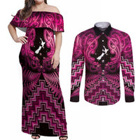 Personalised Aotearoa Matariki Couples Matching Off Shoulder Maxi Dress and Long Sleeve Button Shirt Pink Fern Maori Poutama LT01 Pink - Polynesian Pride