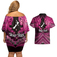 Personalised Aotearoa Matariki Couples Matching Off Shoulder Short Dress and Hawaiian Shirt Pink Fern Maori Poutama LT01 - Polynesian Pride