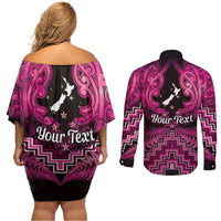 Personalised Aotearoa Matariki Couples Matching Off Shoulder Short Dress and Long Sleeve Button Shirt Pink Fern Maori Poutama LT01 - Polynesian Pride