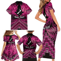 Personalised Aotearoa Matariki Family Matching Short Sleeve Bodycon Dress and Hawaiian Shirt Pink Fern Maori Poutama LT01 - Polynesian Pride
