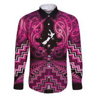 Personalised Aotearoa Matariki Family Matching Tank Maxi Dress and Hawaiian Shirt Pink Fern Maori Poutama LT01 Dad's Shirt - Long Sleeve Pink - Polynesian Pride