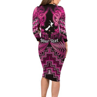 Personalised Aotearoa Matariki Long Sleeve Bodycon Dress Pink Fern Maori Poutama LT01 - Polynesian Pride