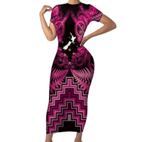 Personalised Aotearoa Matariki Short Sleeve Bodycon Dress Pink Fern Maori Poutama LT01 Long Dress Pink - Polynesian Pride