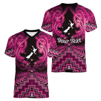 Personalised Aotearoa Matariki Women V-Neck T-Shirt Pink Fern Maori Poutama LT01 - Polynesian Pride
