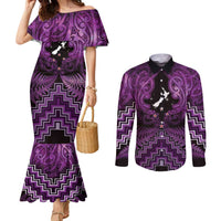 Personalised Aotearoa Matariki Couples Matching Mermaid Dress and Long Sleeve Button Shirt Purple Fern Maori Poutama LT01 Purple - Polynesian Pride