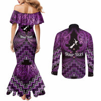 Personalised Aotearoa Matariki Couples Matching Mermaid Dress and Long Sleeve Button Shirt Purple Fern Maori Poutama LT01 - Polynesian Pride