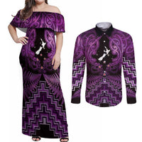 Personalised Aotearoa Matariki Couples Matching Off Shoulder Maxi Dress and Long Sleeve Button Shirt Purple Fern Maori Poutama LT01 Purple - Polynesian Pride