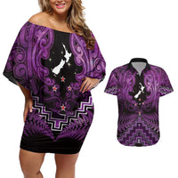 Personalised Aotearoa Matariki Couples Matching Off Shoulder Short Dress and Hawaiian Shirt Purple Fern Maori Poutama LT01 Purple - Polynesian Pride