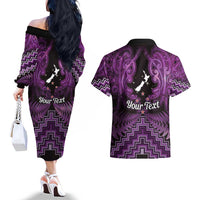 Personalised Aotearoa Matariki Couples Matching Off The Shoulder Long Sleeve Dress and Hawaiian Shirt Purple Fern Maori Poutama LT01 - Polynesian Pride