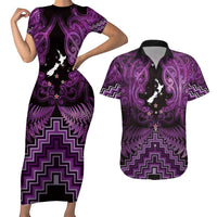 Personalised Aotearoa Matariki Couples Matching Short Sleeve Bodycon Dress and Hawaiian Shirt Purple Fern Maori Poutama LT01 Purple - Polynesian Pride