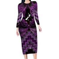 Personalised Aotearoa Matariki Family Matching Long Sleeve Bodycon Dress and Hawaiian Shirt Purple Fern Maori Poutama LT01 Mom's Dress Purple - Polynesian Pride