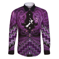 Personalised Aotearoa Matariki Family Matching Summer Maxi Dress and Hawaiian Shirt Purple Fern Maori Poutama LT01 Dad's Shirt - Long Sleeve Purple - Polynesian Pride
