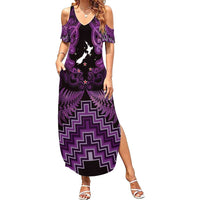 Personalised Aotearoa Matariki Family Matching Summer Maxi Dress and Hawaiian Shirt Purple Fern Maori Poutama LT01 Mom's Dress Purple - Polynesian Pride