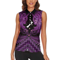 Personalised Aotearoa Matariki Women Sleeveless Polo Shirt Purple Fern Maori Poutama LT01 - Polynesian Pride