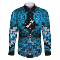 Personalised Aotearoa Matariki Family Matching Long Sleeve Bodycon Dress and Hawaiian Shirt Turquoise Fern Maori Poutama LT01 Dad's Shirt - Long Sleeve Turquoise - Polynesian Pride