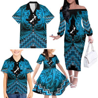 Personalised Aotearoa Matariki Family Matching Off The Shoulder Long Sleeve Dress and Hawaiian Shirt Turquoise Fern Maori Poutama LT01 - Polynesian Pride