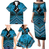 Personalised Aotearoa Matariki Family Matching Puletasi and Hawaiian Shirt Turquoise Fern Maori Poutama LT01 - Polynesian Pride