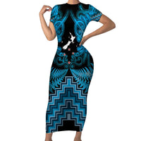 Personalised Aotearoa Matariki Short Sleeve Bodycon Dress Turquoise Fern Maori Poutama LT01 Long Dress Turquoise - Polynesian Pride