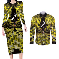 Personalised Aotearoa Matariki Couples Matching Long Sleeve Bodycon Dress and Long Sleeve Button Shirt Yellow Fern Maori Poutama LT01 Yellow - Polynesian Pride