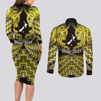 Personalised Aotearoa Matariki Couples Matching Long Sleeve Bodycon Dress and Long Sleeve Button Shirt Yellow Fern Maori Poutama LT01 - Polynesian Pride