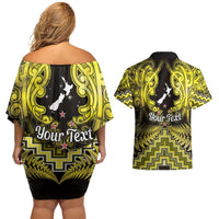 Personalised Aotearoa Matariki Couples Matching Off Shoulder Short Dress and Hawaiian Shirt Yellow Fern Maori Poutama LT01 - Polynesian Pride