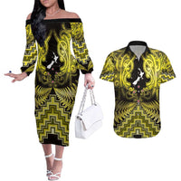 Personalised Aotearoa Matariki Couples Matching Off The Shoulder Long Sleeve Dress and Hawaiian Shirt Yellow Fern Maori Poutama LT01 Yellow - Polynesian Pride