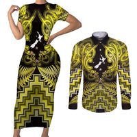 Personalised Aotearoa Matariki Couples Matching Short Sleeve Bodycon Dress and Long Sleeve Button Shirt Yellow Fern Maori Poutama LT01 Yellow - Polynesian Pride