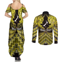 Personalised Aotearoa Matariki Couples Matching Summer Maxi Dress and Long Sleeve Button Shirt Yellow Fern Maori Poutama LT01 - Polynesian Pride
