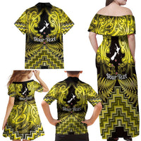 Personalised Aotearoa Matariki Family Matching Off Shoulder Maxi Dress and Hawaiian Shirt Yellow Fern Maori Poutama LT01 - Polynesian Pride