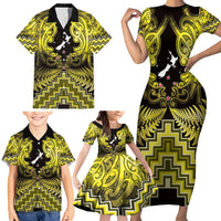 Personalised Aotearoa Matariki Family Matching Short Sleeve Bodycon Dress and Hawaiian Shirt Yellow Fern Maori Poutama LT01 - Polynesian Pride