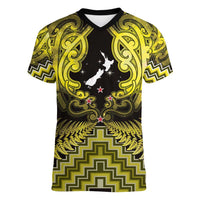 Personalised Aotearoa Matariki Women V-Neck T-Shirt Yellow Fern Maori Poutama LT01 Female Yellow - Polynesian Pride